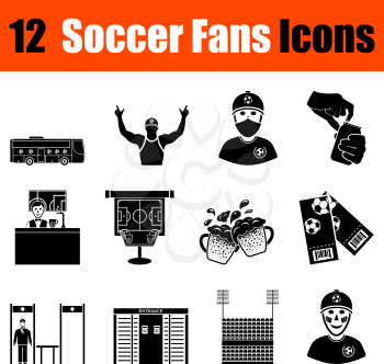 Set of twelve soccer fans  black icons. Vector illustration.