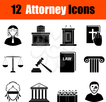 Set of twelve attorney black icons. Vector illustration.