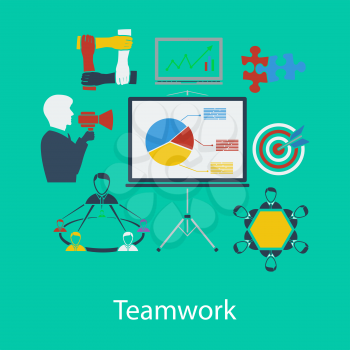 Business teamwork flat design in UI colors. Vector illustration.