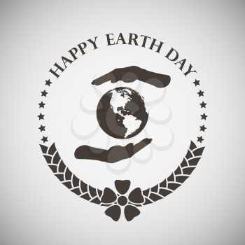 Earth day emblem with palms holding planet. Vector illustration. 