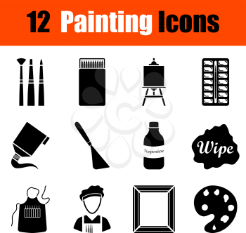 Set of twelve painting black icons. Vector illustration.