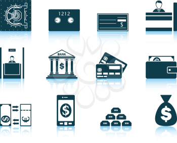 Set of twelve bank icons with reflections. Vector illustration.