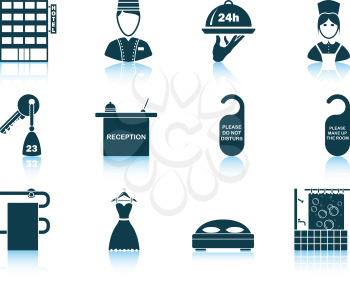 Set of twelve hotel icons with reflections. Vector illustration.