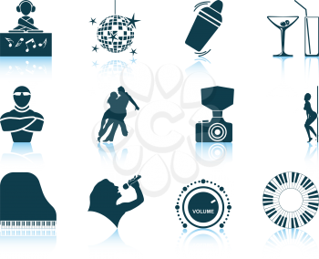 Set of twelve Night club icons with reflections. Vector illustration.