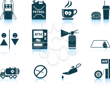 Set of twelve Petrol station icons with reflections. Vector illustration.