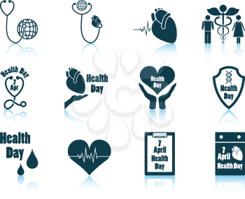 Set of twelve Health day icons with reflections. Vector illustration.