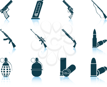 Set of twelve weapon icons with reflections. Vector illustration.