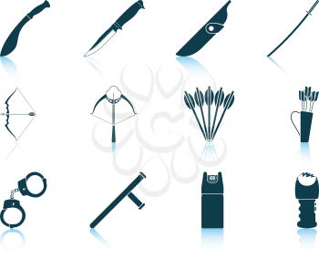Set of twelve weapon icons with reflections. Vector illustration.