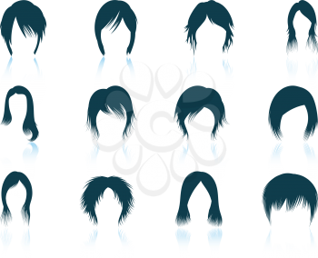 Set of twelve woman's hairstyles  icons with reflections. Vector illustration.