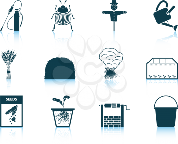 Set of twelve gardening icons  with reflections. Vector illustration.