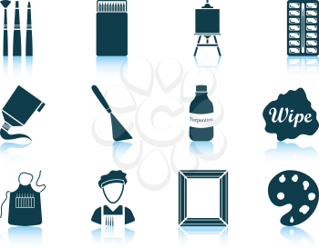 Set of twelve painting icons with reflections. Vector illustration.