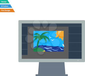 Flat design icon of photo editor on monitor screen in ui colors. Vector illustration.