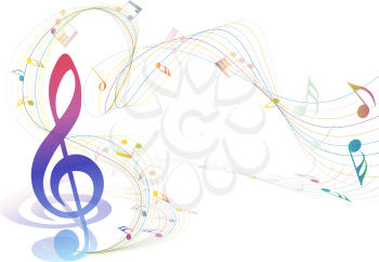 Musical Design Elements From Music Staff With Treble Clef And Notes in gradient transparent Colors. Elegant Creative Design With Shadows and Isolated on White. Vector Illustration.
