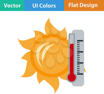Flat design icon of sun and thermometer with high temperature in ui colors. Vector illustration.