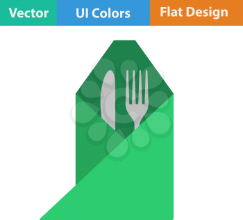 Flat design icon of fork and knife wrapped napkin in ui colors. Vector illustration.