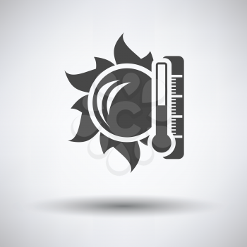 Sun and thermometer with high temperature icon on gray background with round shadow. Vector illustration.