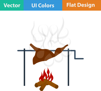 Flat design icon of roasting meat on fire in ui colors. Vector illustration.