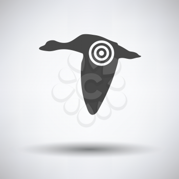 Flying duck  silhouette with target  icon on gray background with round shadow. Vector illustration.