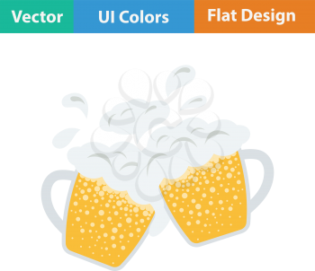 Two clinking beer mugs with fly off foam icon. Flat design in ui colors. Vector illustration.