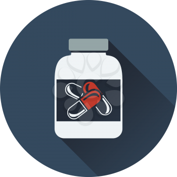 Icon of Fitness pills in container . Flat design. Vector illustration.