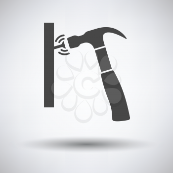 Icon of hammer beat to nail on gray background with round shadow. Vector illustration.