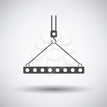 Icon of slab hanged on crane hook by rope slings  on gray background with round shadow. Vector illustration.