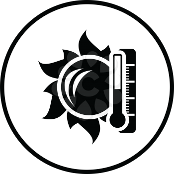 Sun and thermometer with high temperature icon. Thin circle design. Vector illustration.