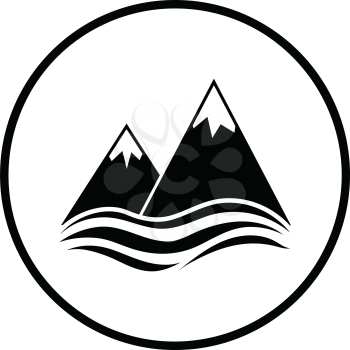 Snow peaks cliff on sea icon. Thin circle design. Vector illustration.