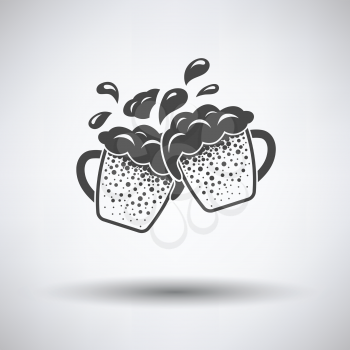 Two clinking beer mugs with fly off foam icon on gray background, round shadow. Vector illustration.