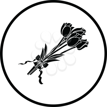 Tulips bouquet icon with tied bow. Thin circle design. Vector illustration.