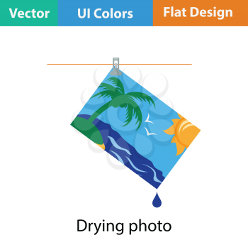 Icon of photograph drying on rope. Flat color design. Vector illustration.
