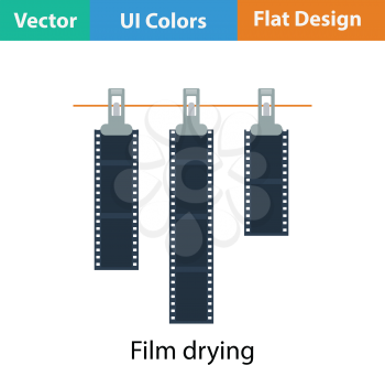Icon of photo film drying on rope with clothespin. Flat color design. Vector illustration.