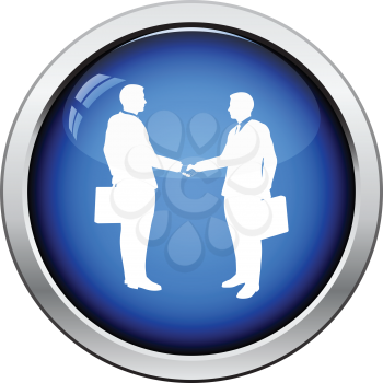 Meeting businessmen icon. Glossy button design. Vector illustration.