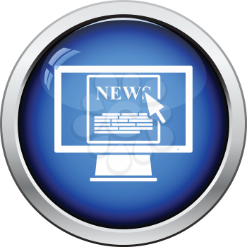Monitor with news icon. Glossy button design. Vector illustration.