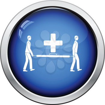 Icon of football medical staff carrying stretcher. Glossy button design. Vector illustration.