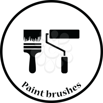 Icon of construction paint brushes. Thin circle design. Vector illustration.