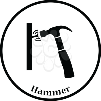 Icon of hammer beat to nail. Thin circle design. Vector illustration.