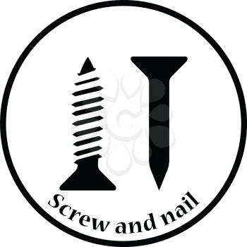 Icon of screw and nail. Thin circle design. Vector illustration.