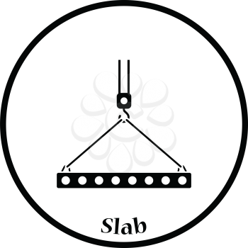 Icon of slab hanged on crane hook by rope slings . Thin circle design. Vector illustration.