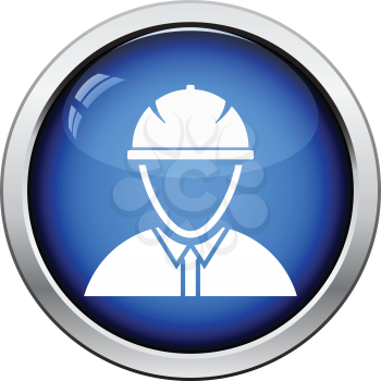 Icon of construction worker head in helmet. Glossy button design. Vector illustration.
