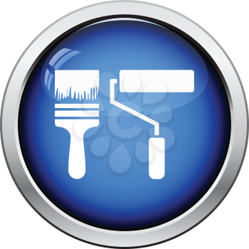 Icon of construction paint brushes. Glossy button design. Vector illustration.