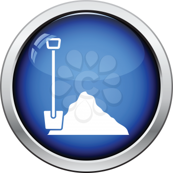 Icon of Construction shovel and sand. Glossy button design. Vector illustration.