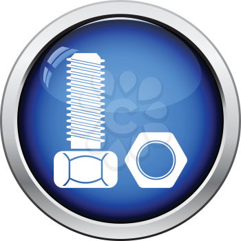 Icon of bolt and nut. Glossy button design. Vector illustration.