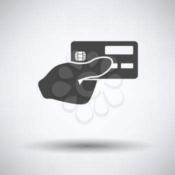 Hand holding credit card icon on gray background, round shadow. Vector illustration.