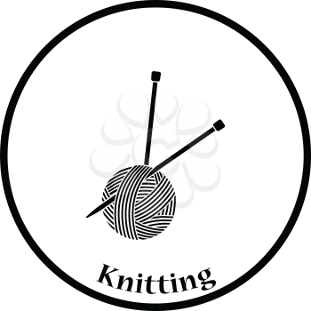 Yarn ball with knitting needles icon. Thin circle design. Vector illustration.