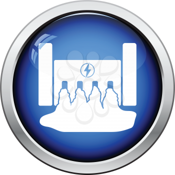 Hydro power station icon. Glossy button design. Vector illustration.
