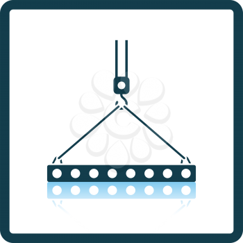 Icon of slab hanged on crane hook by rope slings . Shadow reflection design. Vector illustration.
