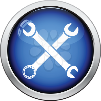 Icon of crossed wrench. Glossy button design. Vector illustration.