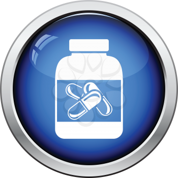 Fitness pills in container icon. Glossy button design. Vector illustration.