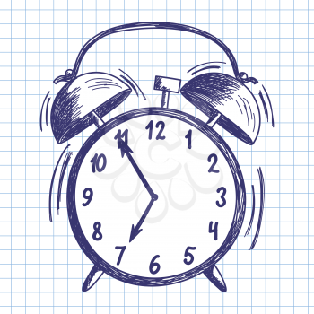 Alarm clock. Doodle sketch on checkered paper background. Vector illustration.